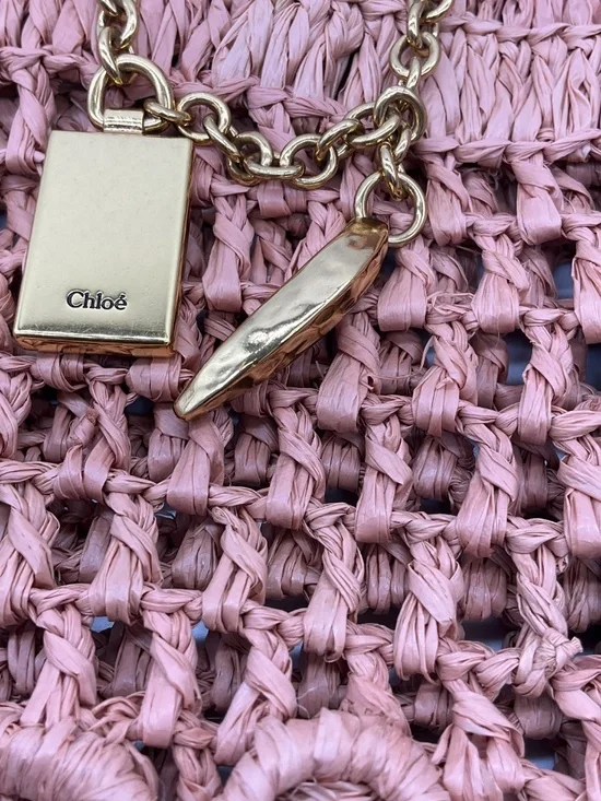 CHLOE SUMMERY BEIGE SUMMER BANANA LOGO RAFFIA CROCHET TOTE BAG - Picture 5 of 16